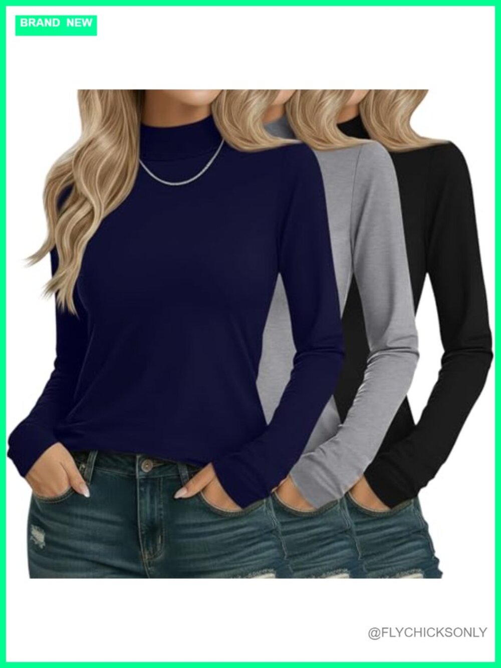 3 Pack Womens Cotton Mock Turtleneck Long Sleeve Tops